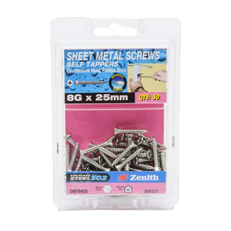 Screws For Rust Proofing-Zenith Stainess Steel Self Tapping Phillips Countersunk Screw 8G x 25mm (50pk)