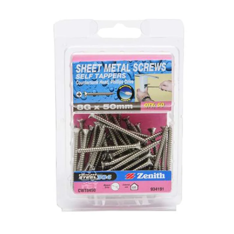 Screws With Pro Specs-Zenith Stainess Steel Self Tapping Phillips Countersunk Screw 8G x 50mm (50pk)