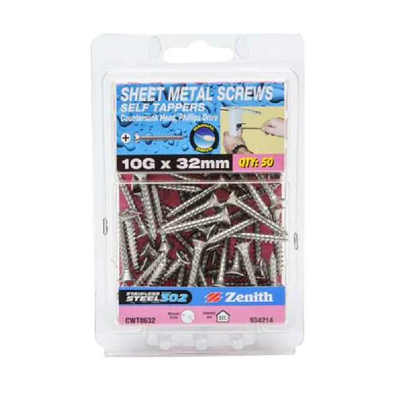 Screws For All Materials-Zenith Stainess Steel Self Tapping Phillips Countersunk Screw 10G x 38mm (50pk)