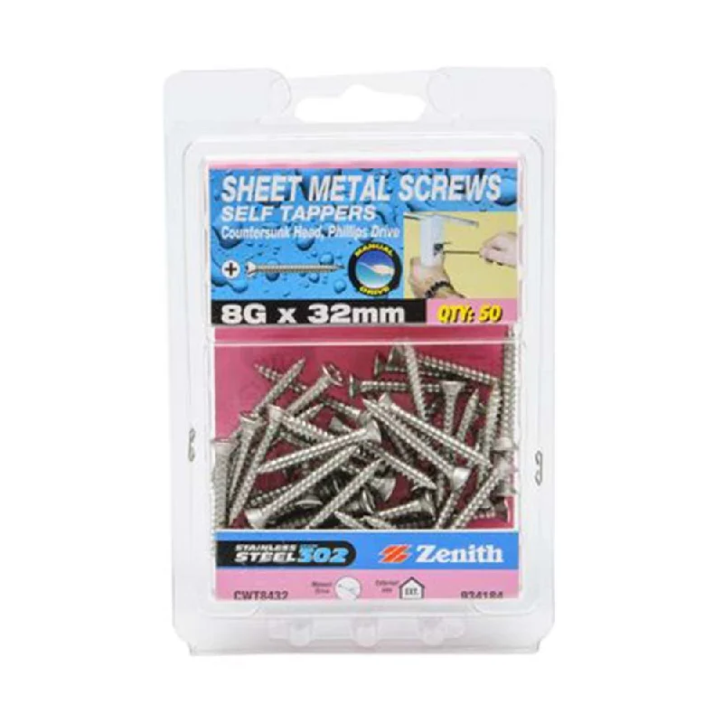 Screws With Durable Heads-Zenith Stainess Steel Self Tapping Phillips Countersunk Screw 8G x 32mm (50pk)