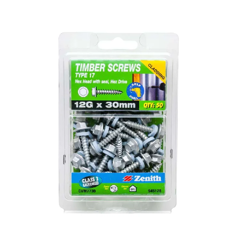 Screws With Fall Repairs-Zenith Timber Screw Type 17 Hex w/ Seal 12G x 30mm (50pk)