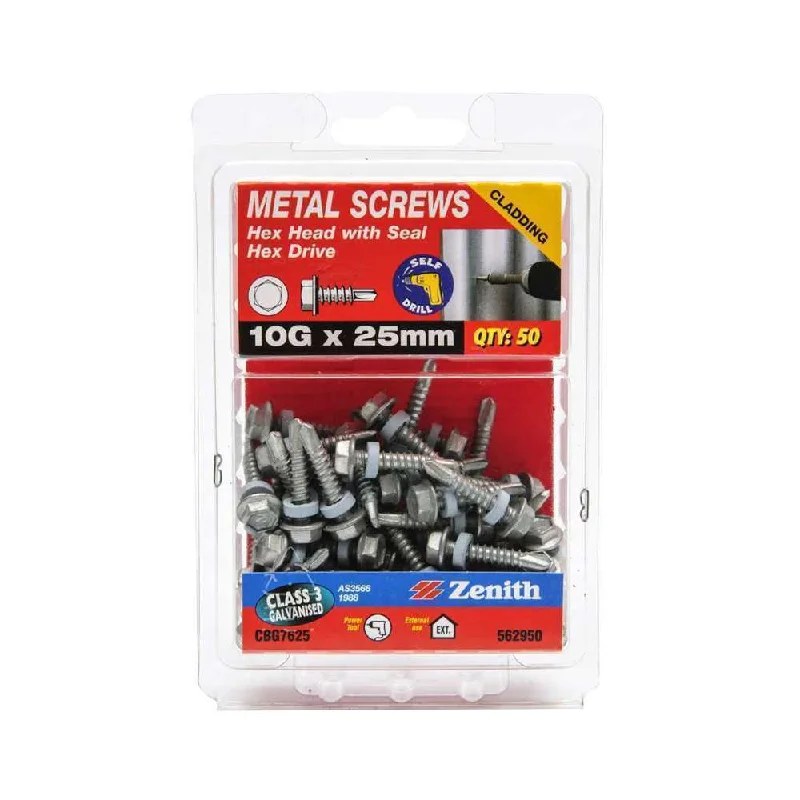 Screws With Best Sellers-Zenith Metal Screw Type 17 Hex w/ Seal 10G x 25mm (50pk)