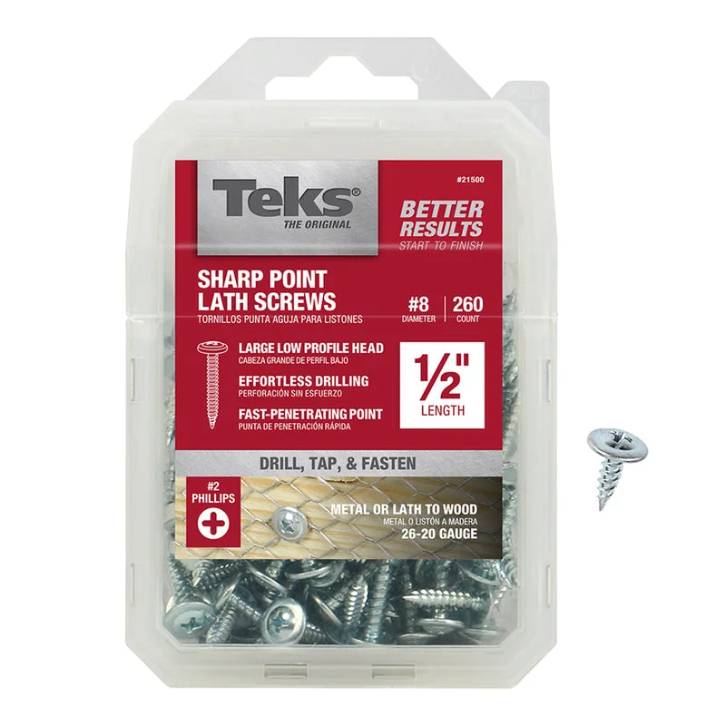 Screws With Rugged Design-Teks No. 8  x 1/2 in. L Phillips Truss Head Zinc-Plated Steel Lath Screws 260 pk