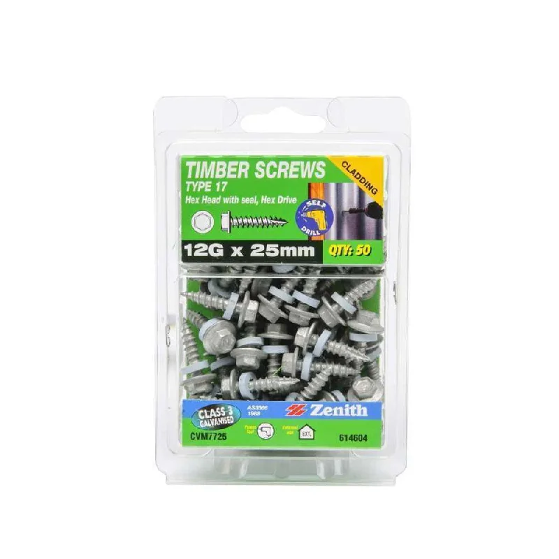 Screws For Night Visibility-Zenith Timber Screw Type 17 Hex w/ Seal 12G x 25mm (50pk)