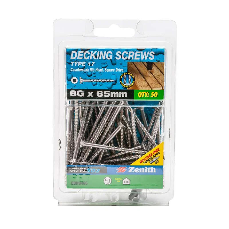 Screws For Wood Grain-Zenith Stainless Steel Decking Screw T17 8G x 65mm (50pk)