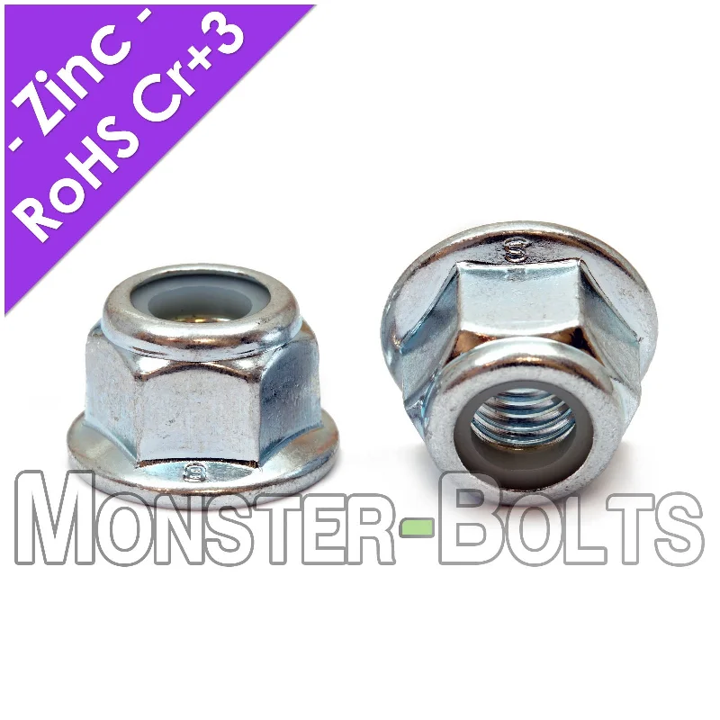 Nuts With Bulk Packs-Prevailing Torque Nylon Insert Hex Flange Lock Nuts, DIN 6926 Zinc Plated Alloy Steel, Class 8 Cr+3 RoHS