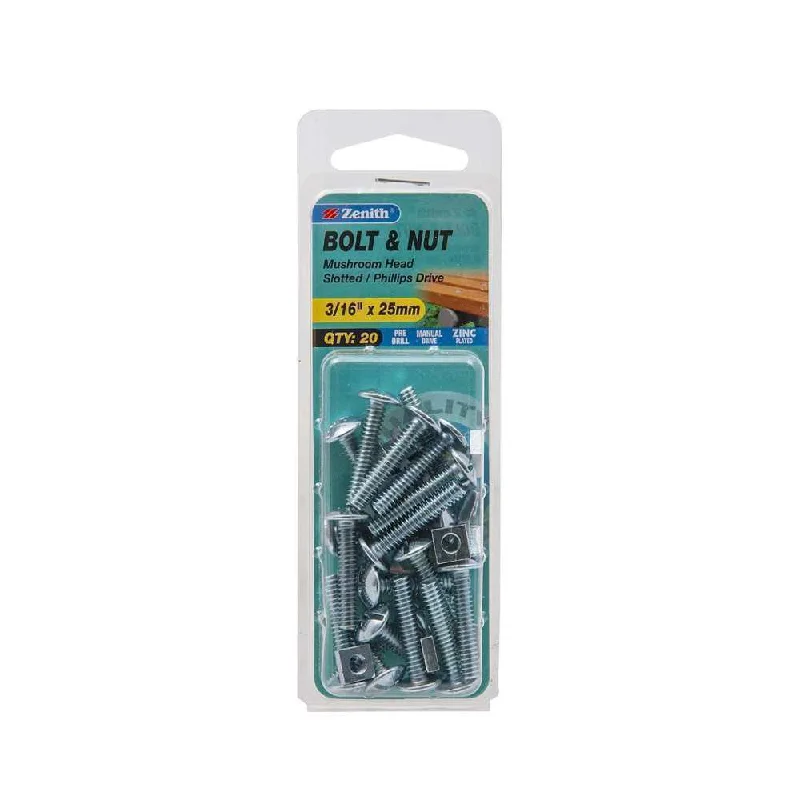 Screws For Wet Environments-Zenith Bolt & Nut Mush ZP 3/16" x 25mm (20pk)