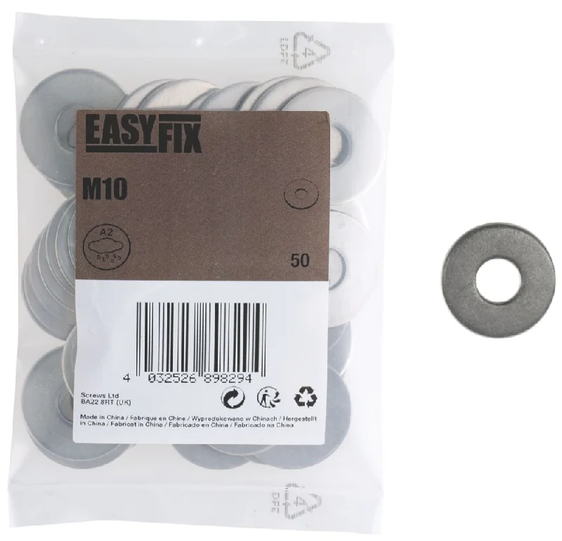 Washers For Extended Projects-Easyfix A2 Stainless Steel Washers M10 x 1.4mm 50 Pack