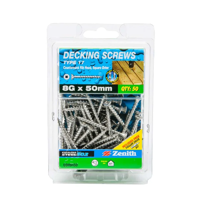 Screws For Plastic Use-Zenith Stainless Steel Decking Screw T17 8G x 50mm (50pk)