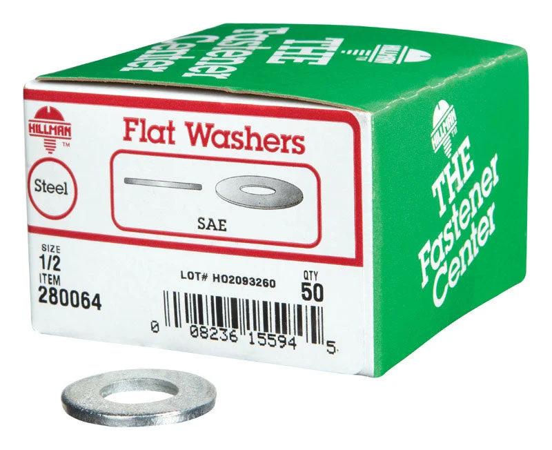 Washers For Heavy Duty Joints-Hillman Zinc-Plated Steel 1/2 in. SAE Flat Washer 50 pk