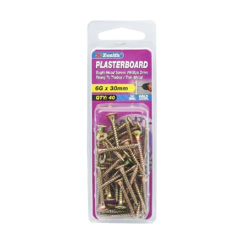 Screws Under 5 Dollars-Zenith Plasterboard Screw Bugle 6G x 30mm (40pk)