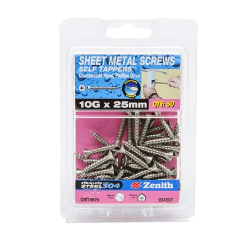 Screws For Senior Comfort-Zenith Stainess Steel Self Tapping Phillips Countersunk Screw 10G x 25mm (50pk)