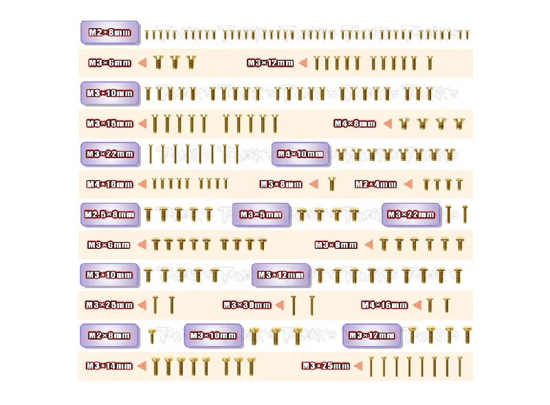 Screws With Finishing Touch-GSS-MX8 Gold Plated Steel Screw Set 193pcs. ( For Mayako MX8 )