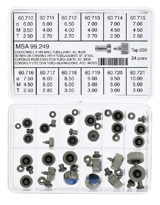 Screws With Weather Resistance-Horotec MSA 99.24 Steel Screw-on Crowns With Tube + Gasket (24 Pieces)