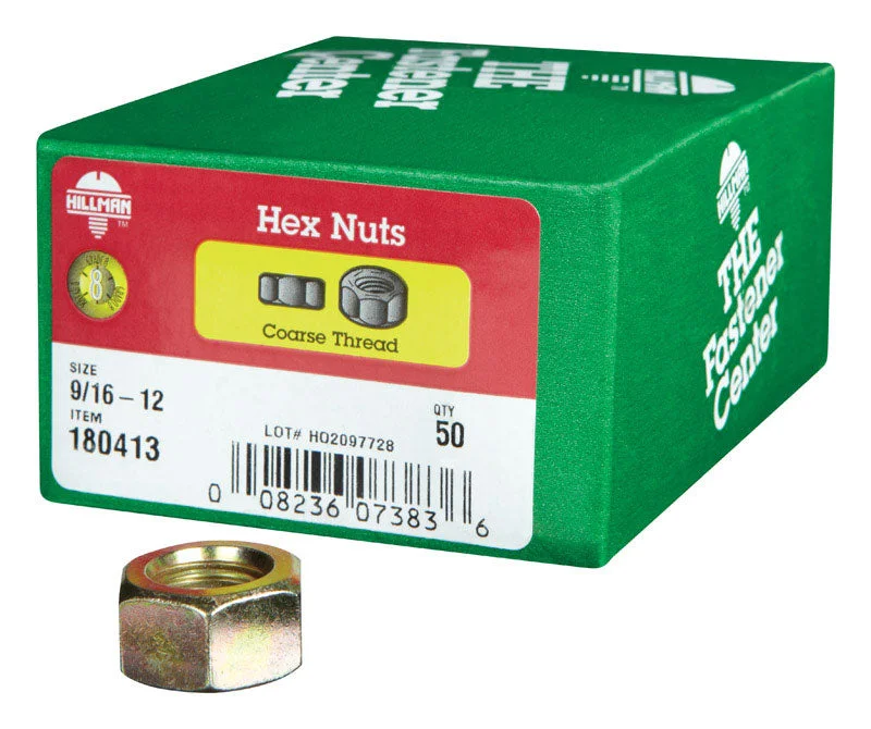 Nuts For Group Assemblies-Hillman 9/16 in. Zinc Dichromate Steel USS Hex Nut 50 pk