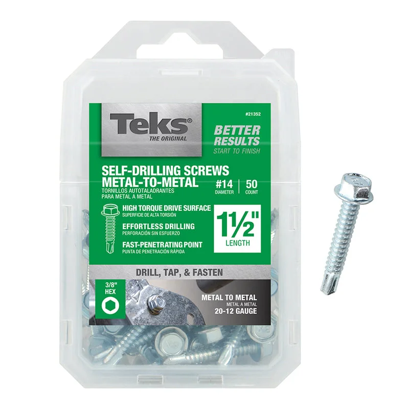 Screws With Fall Repairs-Teks No. 14  x 1-1/2 in. L Hex Washer Head Zinc-Plated Steel Sheet Metal Screws 50 pk