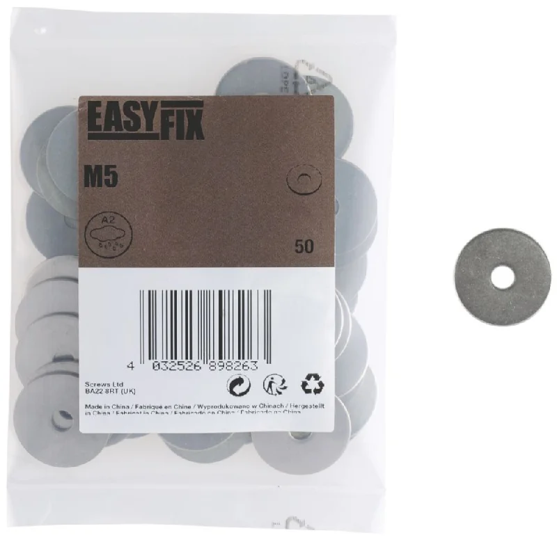 Washers With Smooth Edges-Easyfix A2 Stainless Steel Washers M5 x 1.3mm 50 Pack